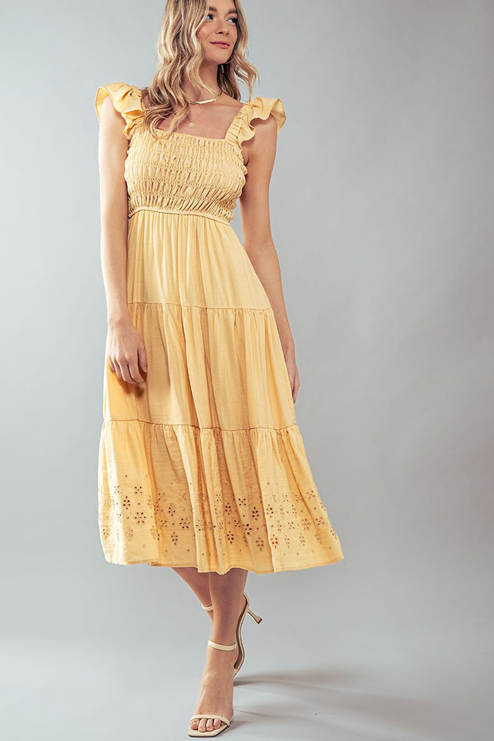 Eyelet Detail Smocked Midi Dress in Lt Yellow - Women's Wholesale Casual Dresses | Trend Notes