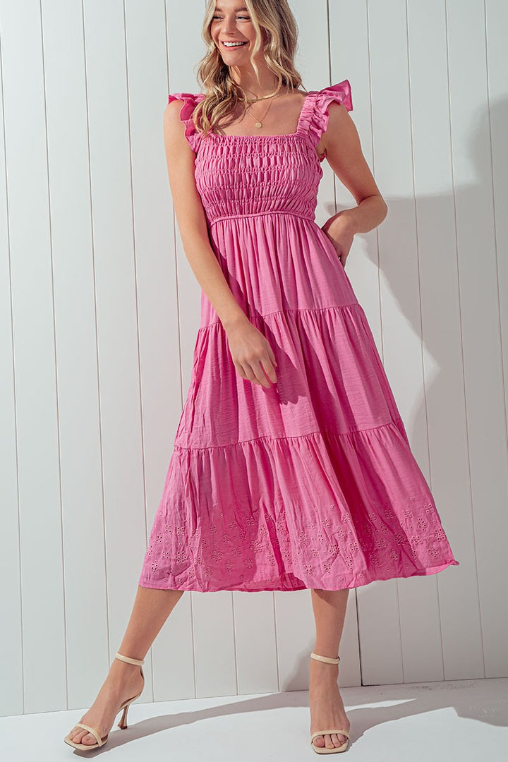 Eyelet Detail Smocked Midi Dress in Pink - Women's Wholesale Casual Dresses | Trend Notes