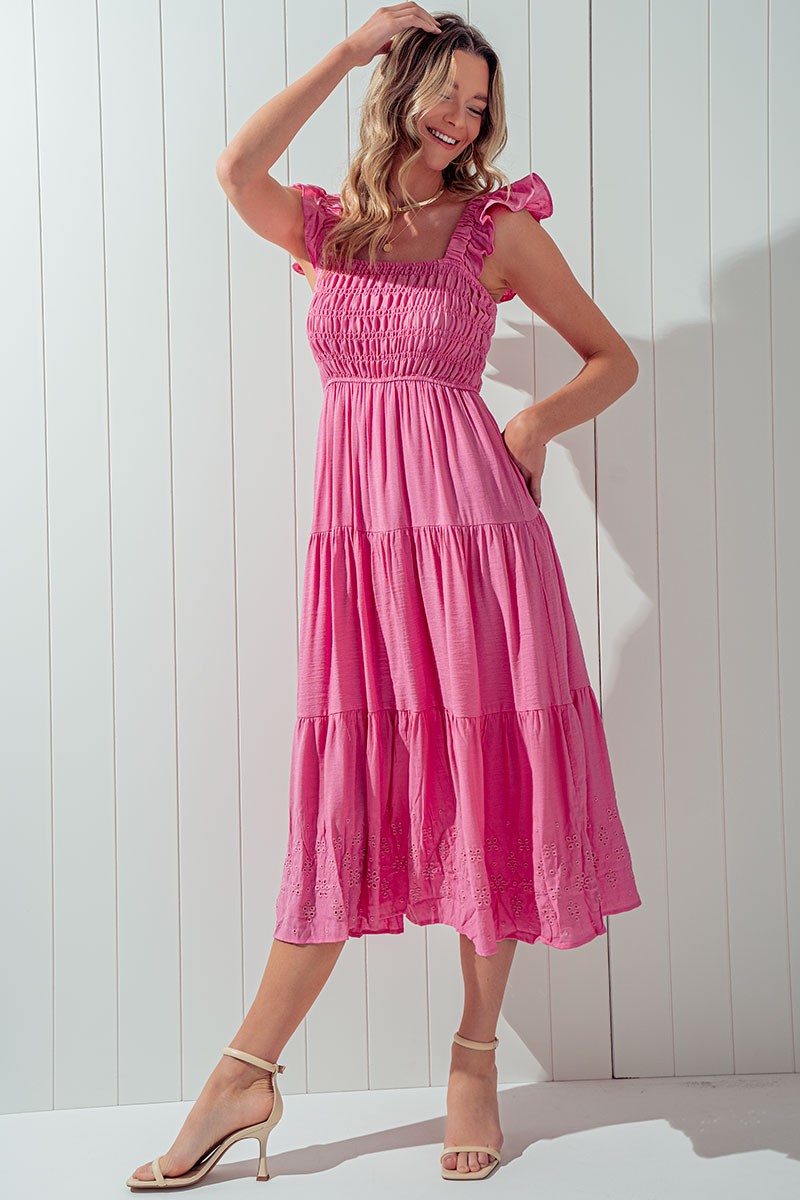Eyelet Detail Smocked Midi Dress in Pink - Women's Wholesale Casual Dresses | Trend Notes