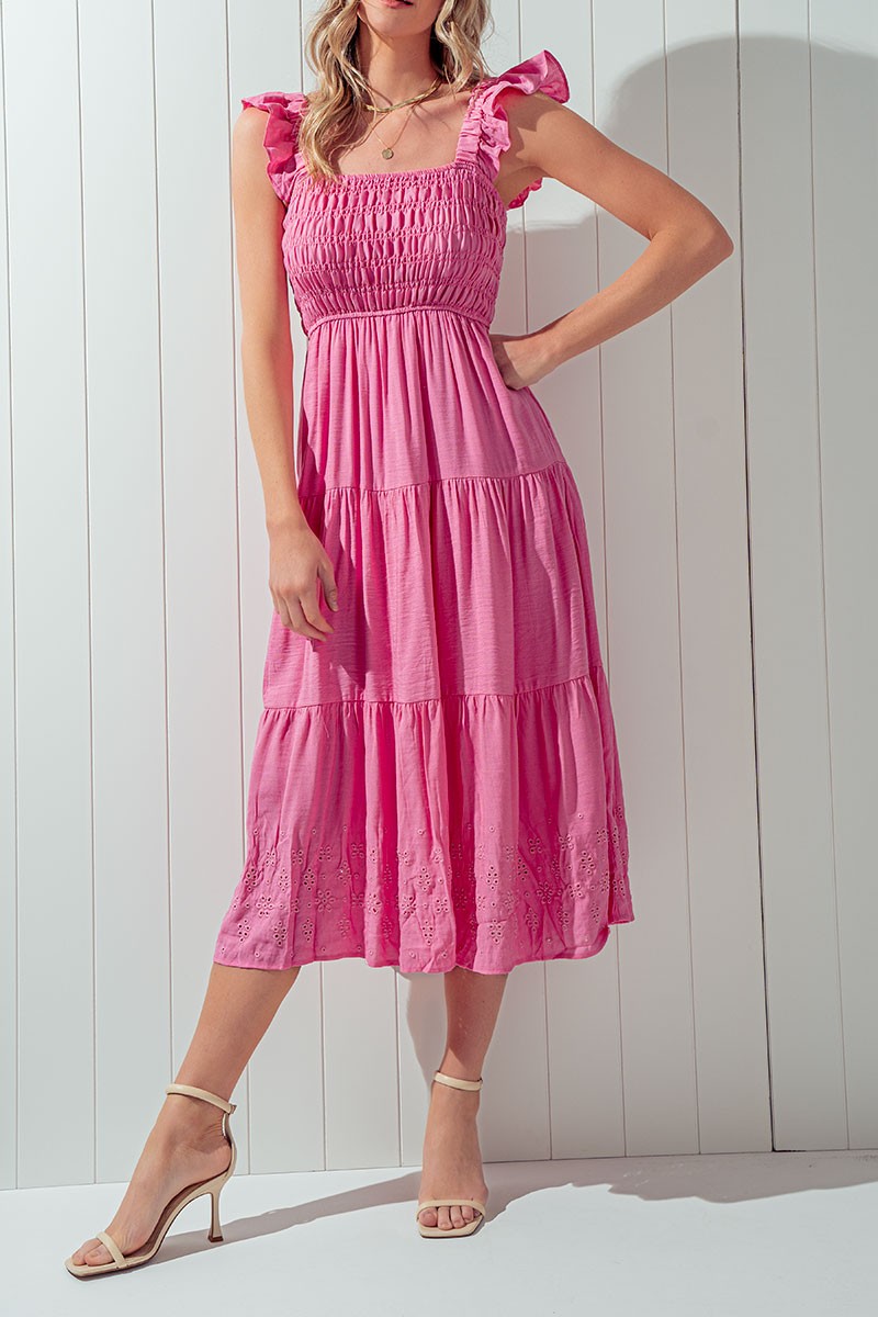 Eyelet Detail Smocked Midi Dress in Pink - Women's Wholesale Casual Dresses | Trend Notes