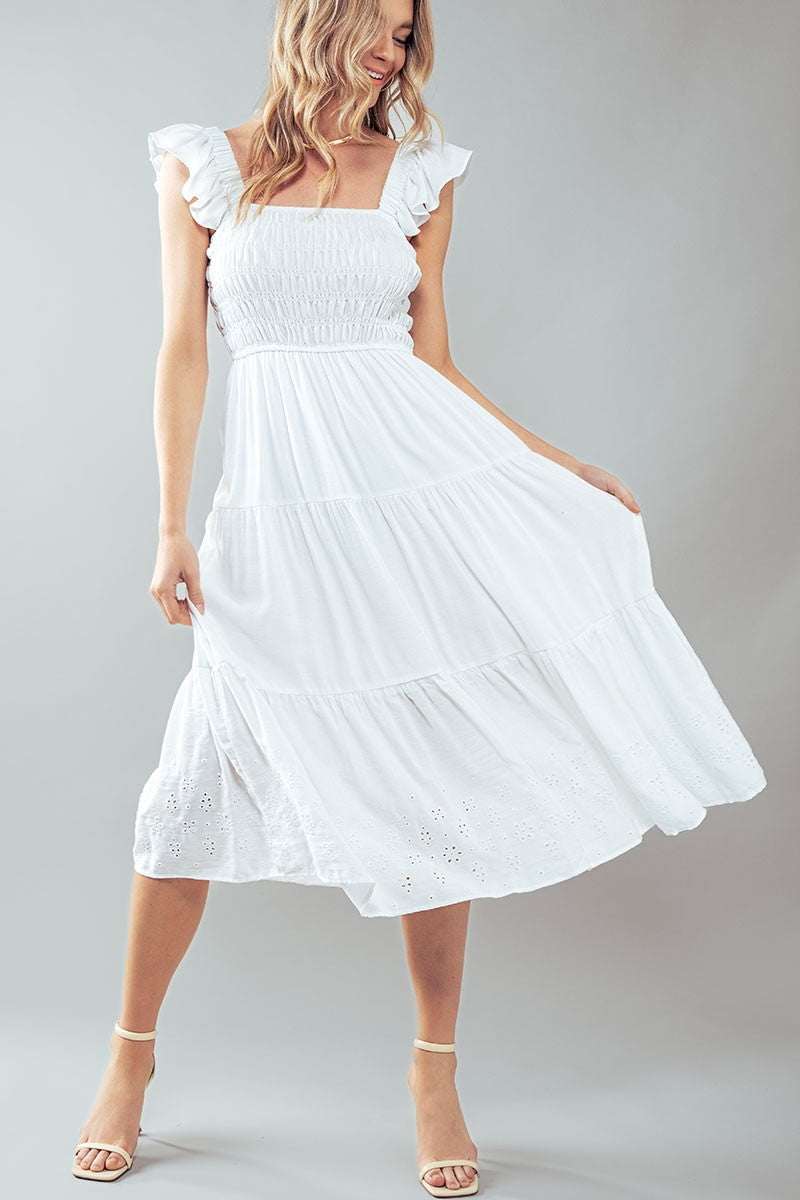 Eyelet Detail Smocked Midi Dress in White - Women's Wholesale Casual Dresses | Trend Notes
