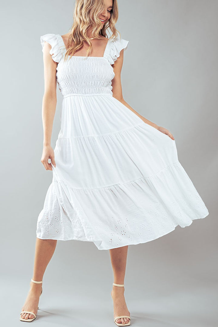 Eyelet Detail Smocked Midi Dress in White - Women's Wholesale Casual Dresses | Trend Notes