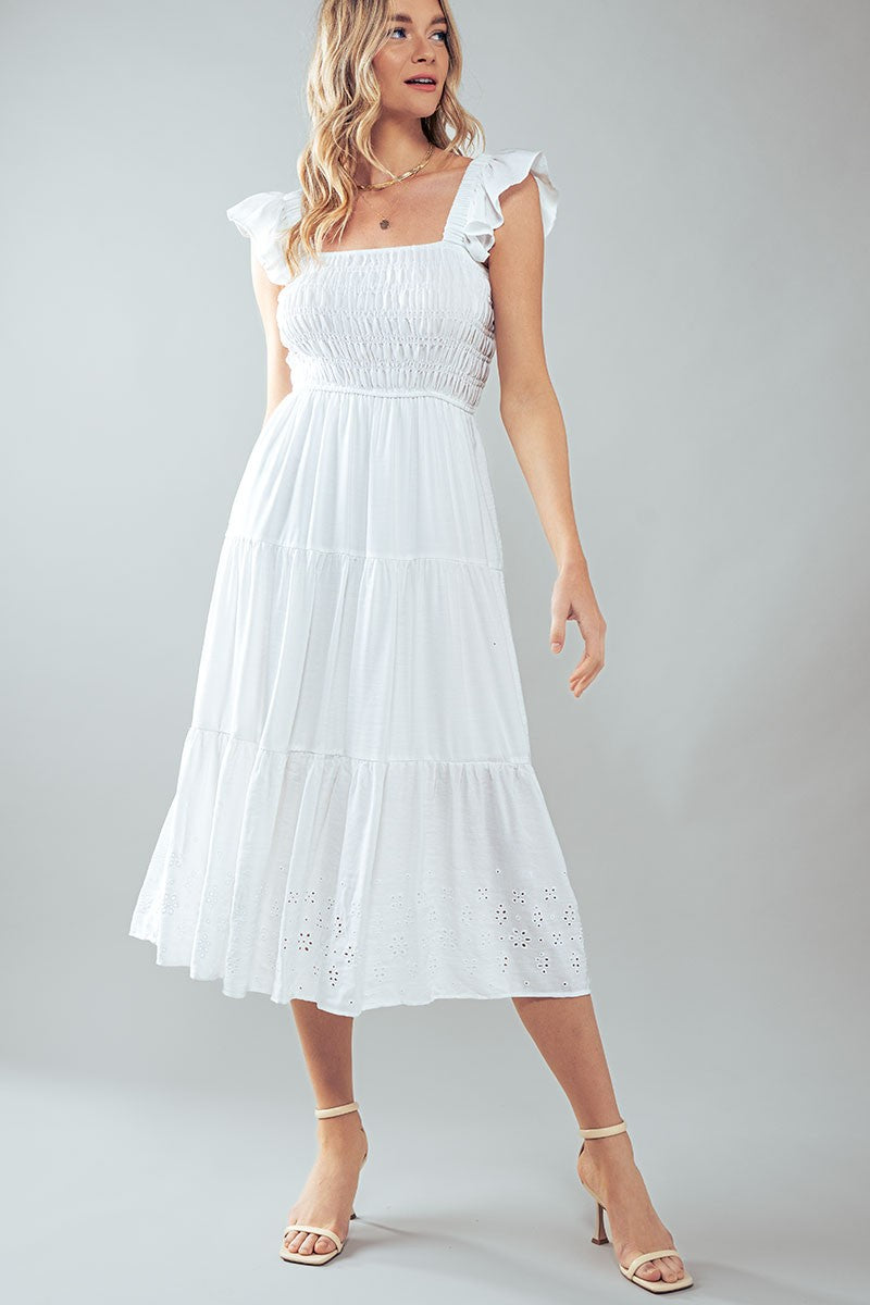 Eyelet Detail Smocked Midi Dress in White - Women's Wholesale Casual Dresses | Trend Notes