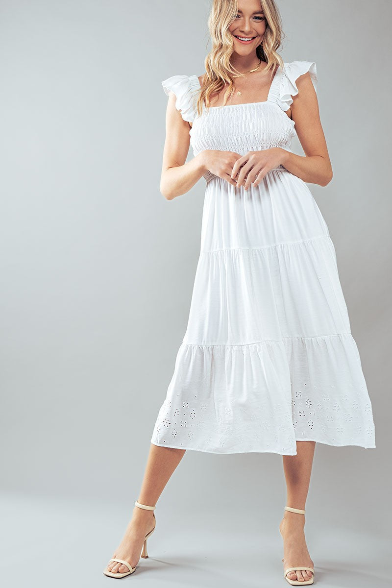 Eyelet Detail Smocked Midi Dress in White - Women's Wholesale Casual Dresses | Trend Notes