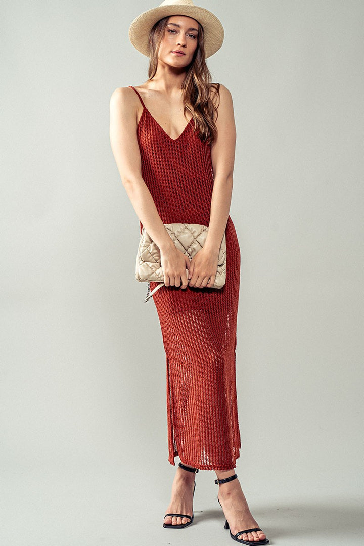 Boho Crochet Maxi Dress with Side Slit Detail in Rust - Women's Wholesale Casual Dresses | Trend Notes