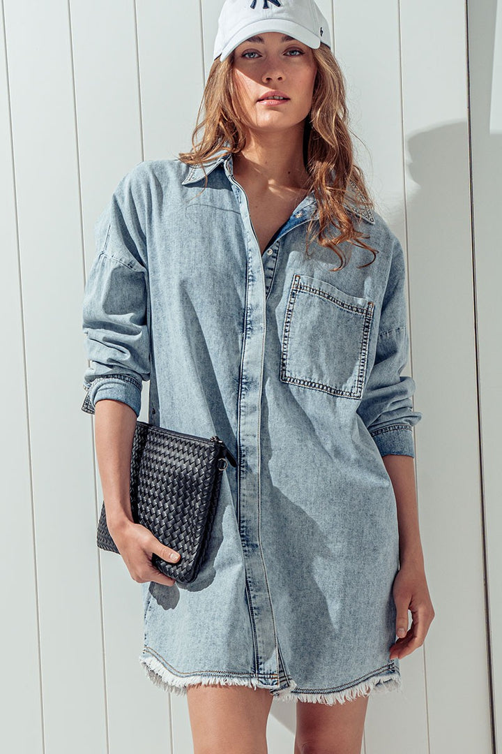 Acid Wash Shirt Dress  in Denim - Women's Wholesale Denim Skirts & Dresses | Trend Notes