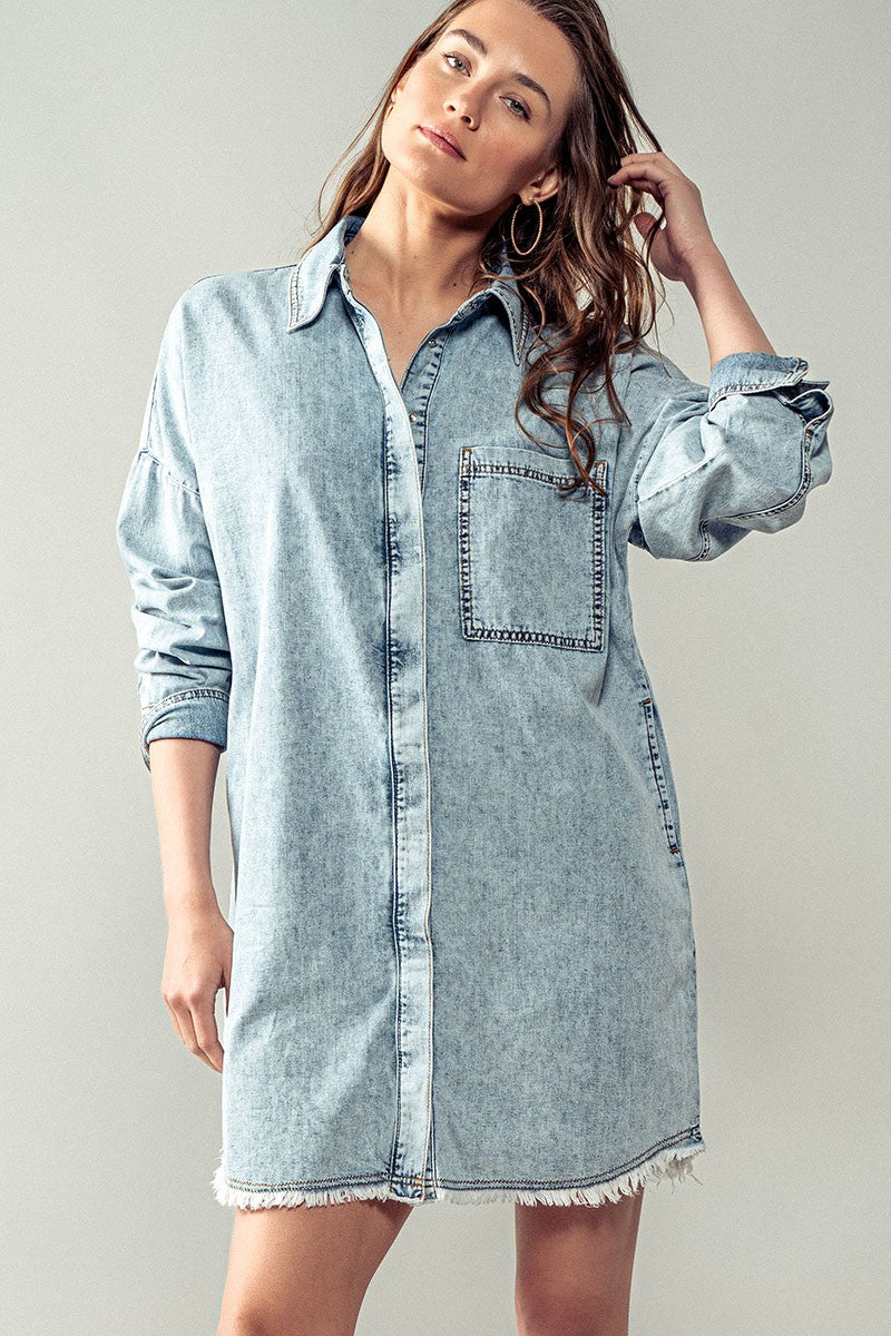 Acid Wash Shirt Dress  in Denim - Women's Wholesale Denim Skirts & Dresses | Trend Notes