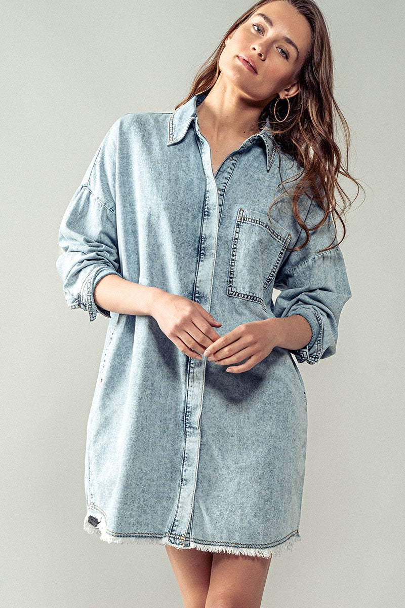 Acid Wash Shirt Dress  in Denim - Women's Wholesale Denim Skirts & Dresses | Trend Notes