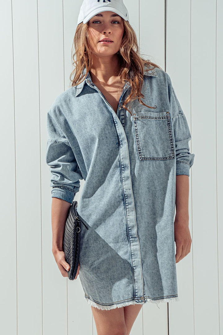Acid Wash Shirt Dress  in Denim - Women's Wholesale Denim Skirts & Dresses | Trend Notes