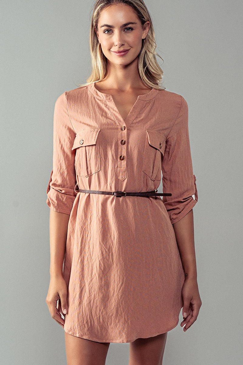 Utility Pocket Mini Dress with Belted Waist in Sienna - Women's Wholesale Casual Dresses | Trend Notes