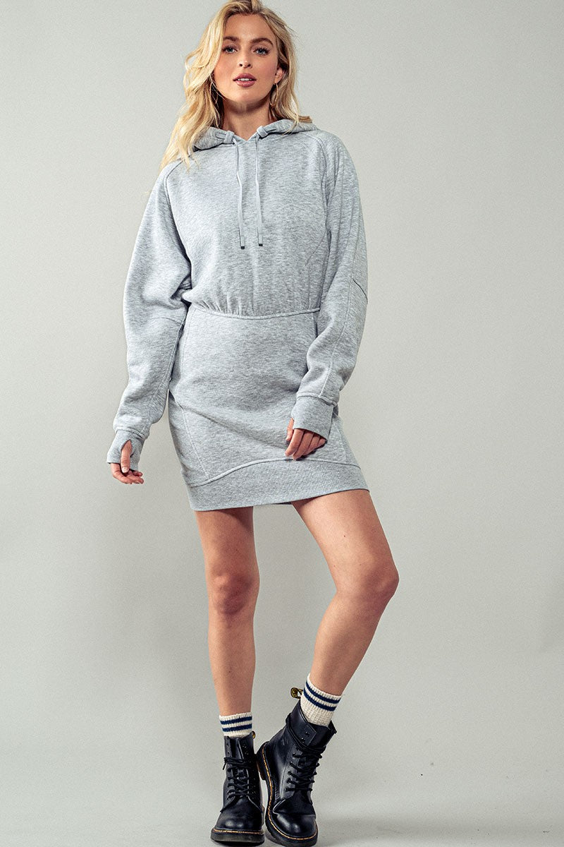 Hooded Sweatshirt Mini Dress in Heather Grey- - Women's Wholesale Casual Dresses | Trend Notes