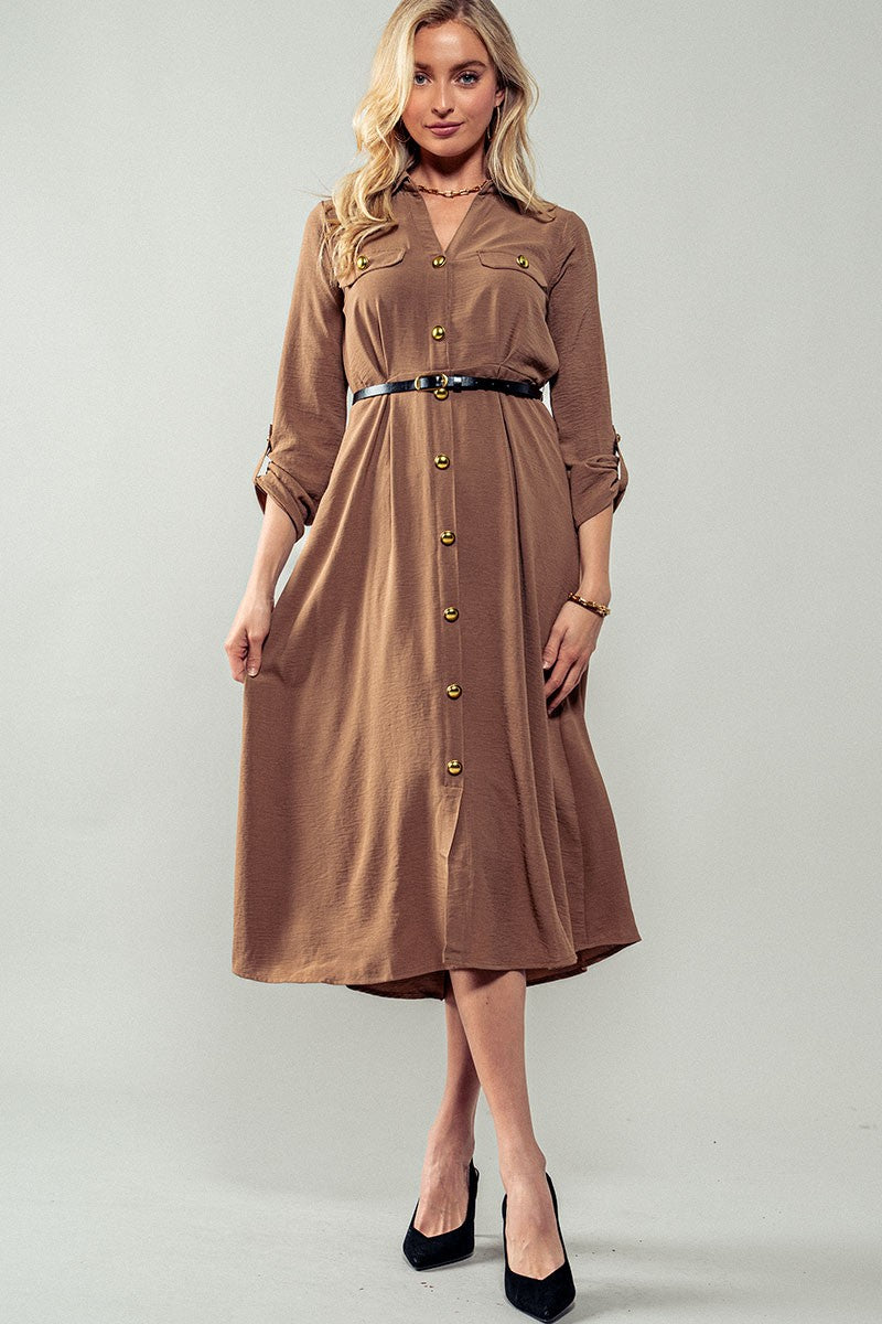 Gilded Twilight Shirt Dress in Khaki - Women's Wholesale Casual Dresses | Trend Notes