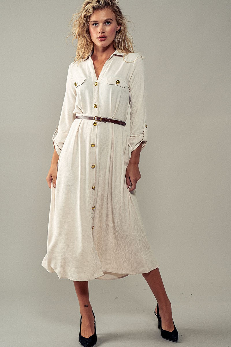 Gilded Twilight Shirt Dress in Oatmeal - Women's Wholesale Casual Dresses | Trend Notes