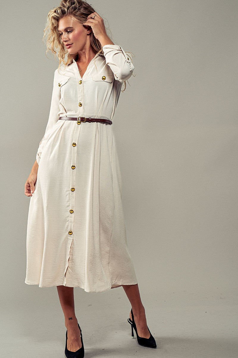 Gilded Twilight Shirt Dress in Oatmeal - Women's Wholesale Casual Dresses | Trend Notes