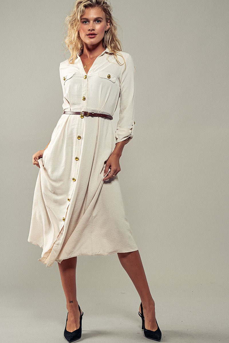 Gilded Twilight Shirt Dress in Oatmeal - Women's Wholesale Casual Dresses | Trend Notes
