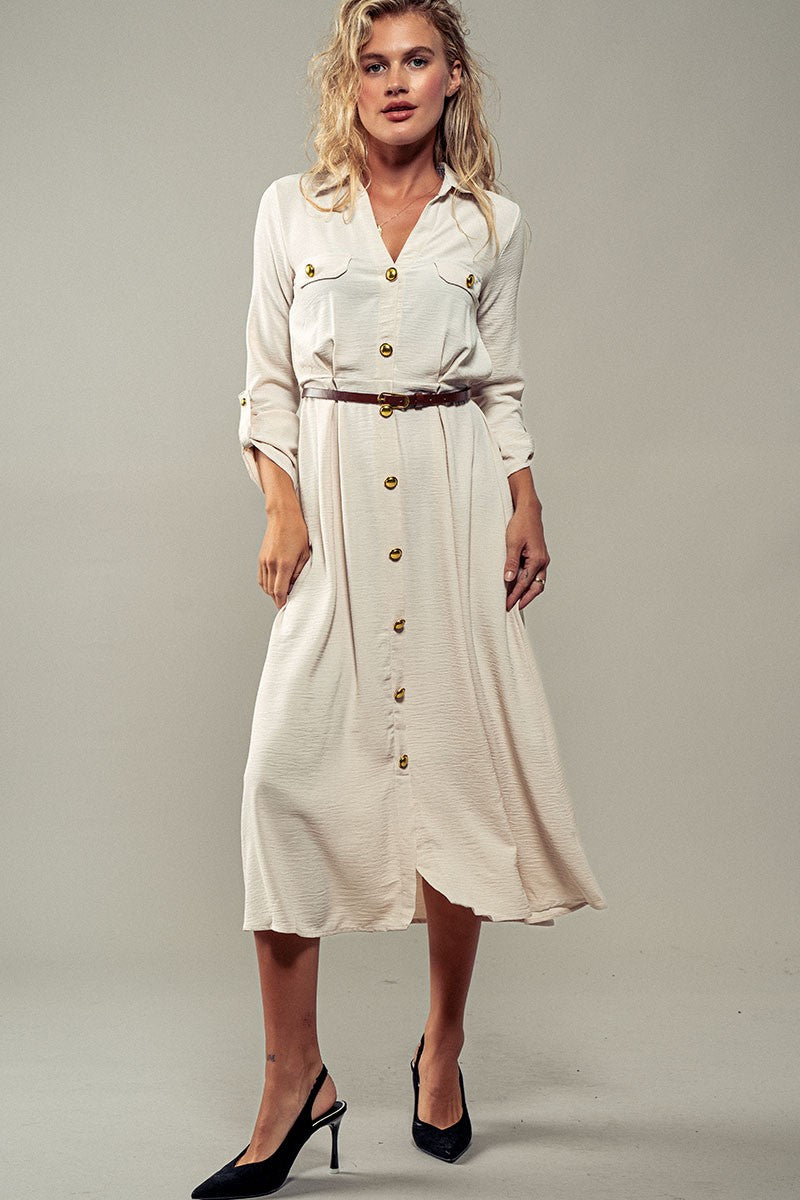 Gilded Twilight Shirt Dress in Oatmeal - Women's Wholesale Casual Dresses | Trend Notes