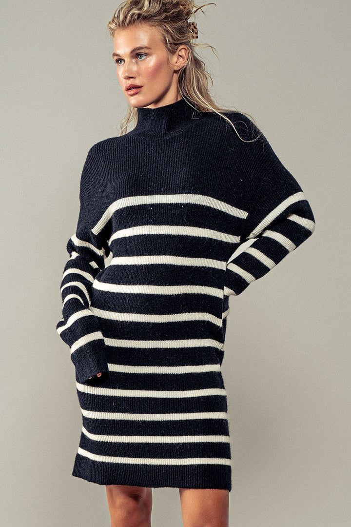 By the Fireplace Striped Sweater Mini Dress in Black - Women's Wholesale Casual Dresses | Trend Notes