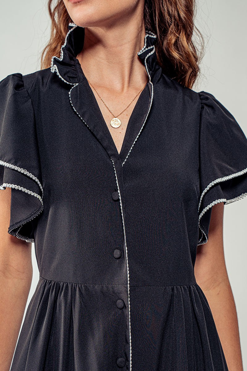 Ruffle Sleeve Button-Up Midi Dress with Trim in Black - Women's Wholesale Casual Dresses | Trend Notes