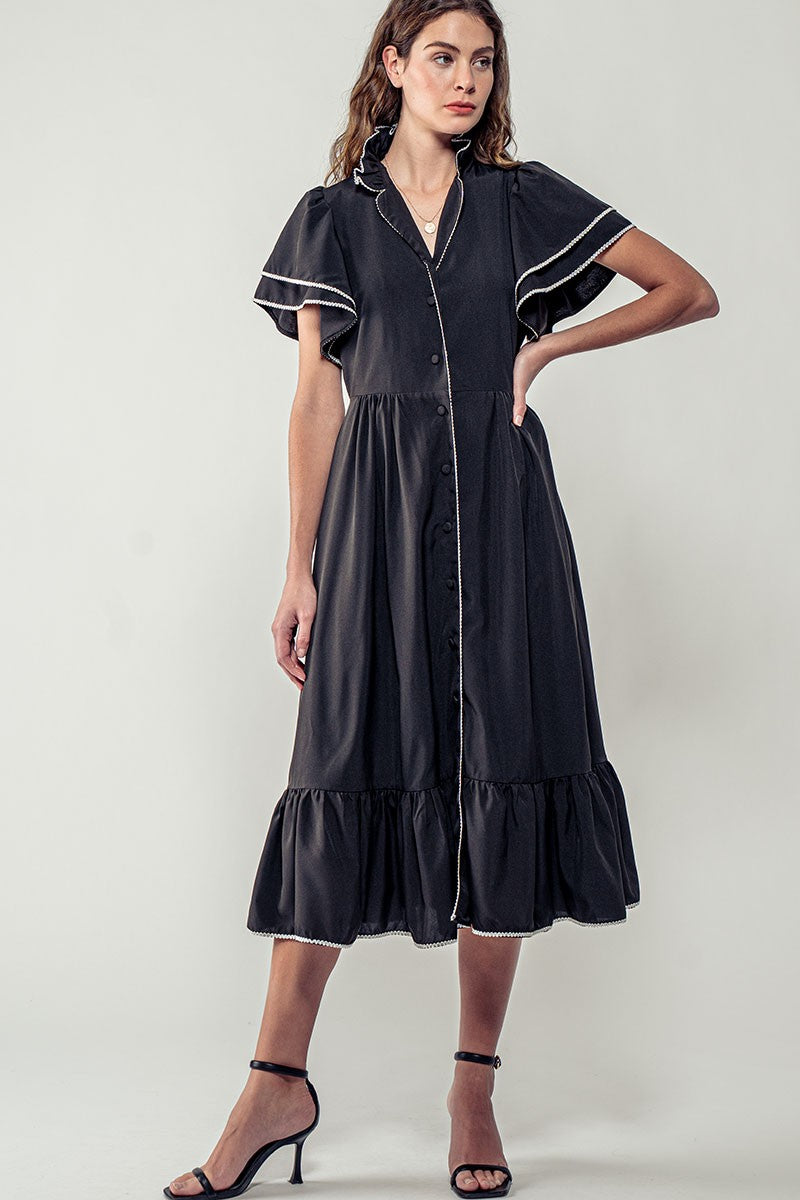 Ruffle Sleeve Button-Up Midi Dress with Trim in Black - Women's Wholesale Casual Dresses | Trend Notes