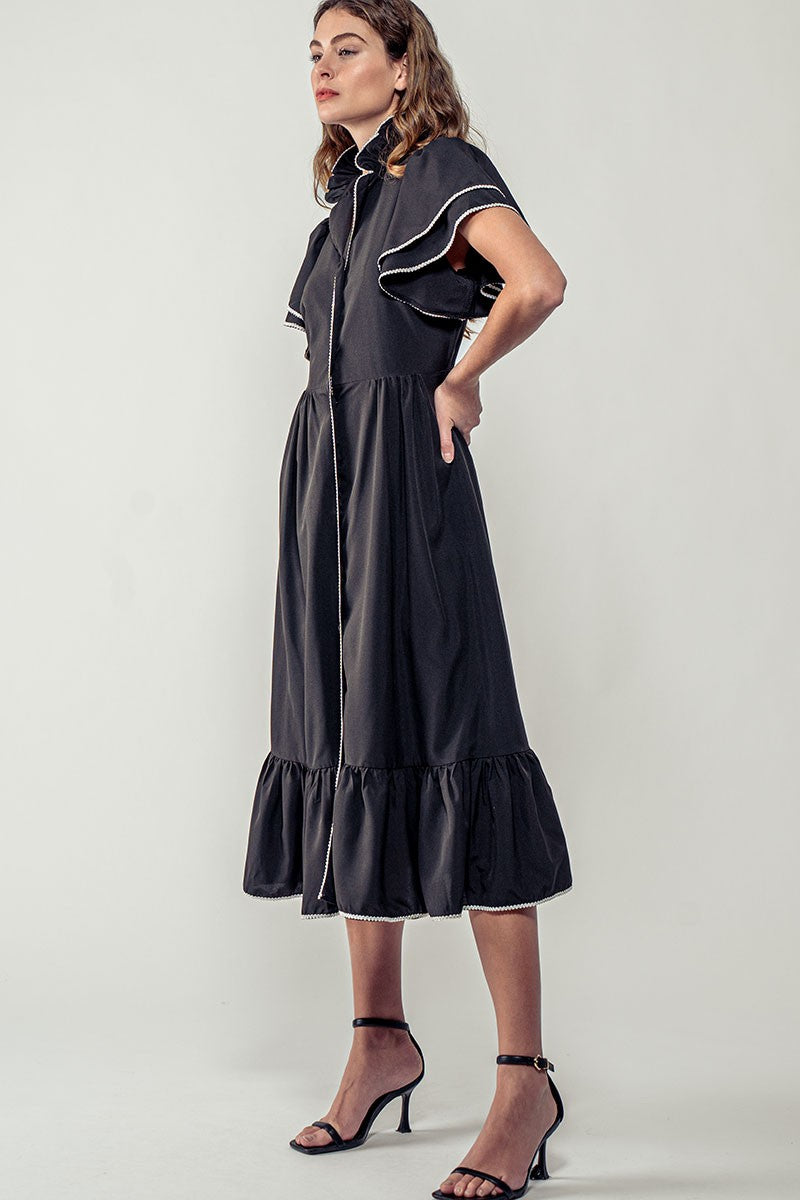 Ruffle Sleeve Button-Up Midi Dress with Trim in Black - Women's Wholesale Casual Dresses | Trend Notes