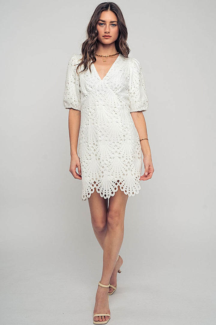 Scalloped Lace Eyelet Puff Sleeve Mini Dress in Ivory - Women's Wholesale Cocktail Dresses | Trend Notes