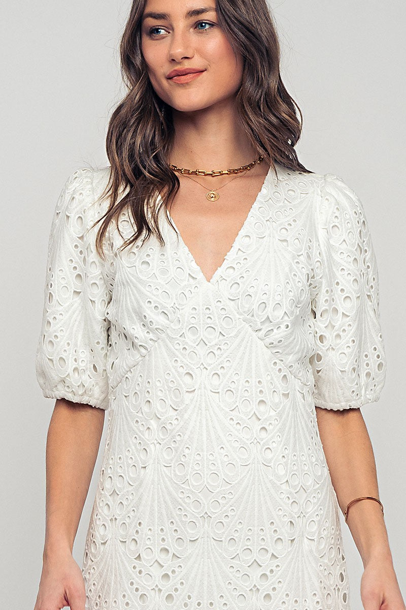Scalloped Lace Eyelet Puff Sleeve Mini Dress in Ivory - Women's Wholesale Cocktail Dresses | Trend Notes