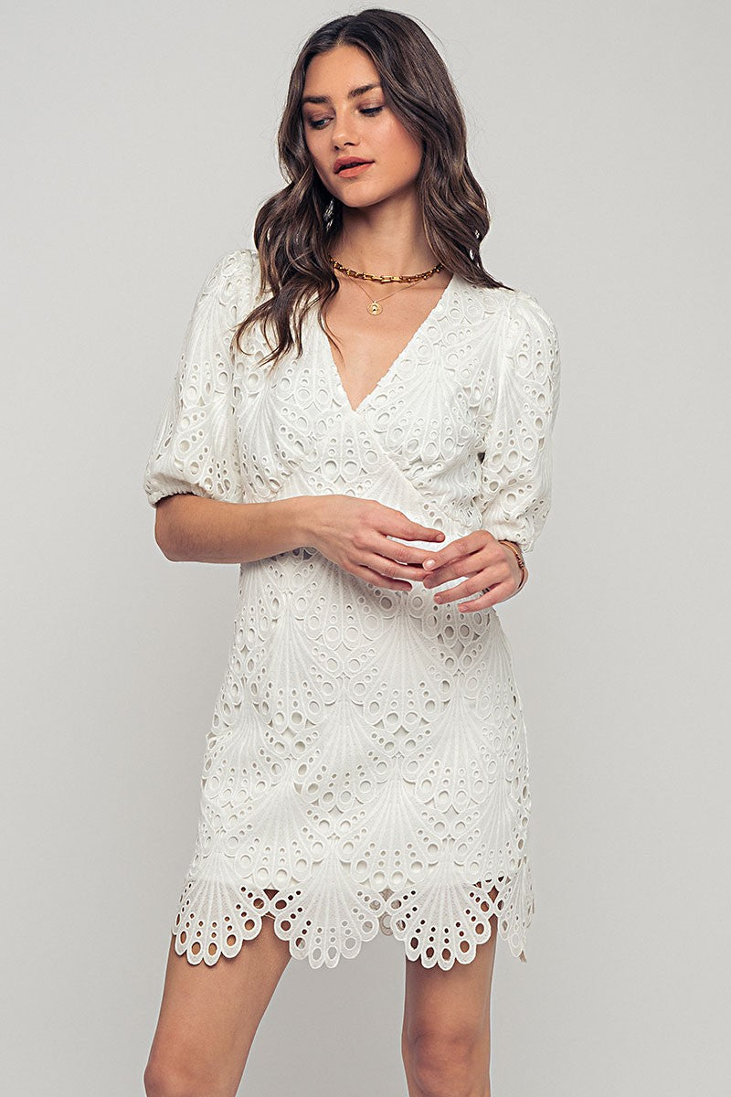 Scalloped Lace Eyelet Puff Sleeve Mini Dress in Ivory - Women's Wholesale Cocktail Dresses | Trend Notes