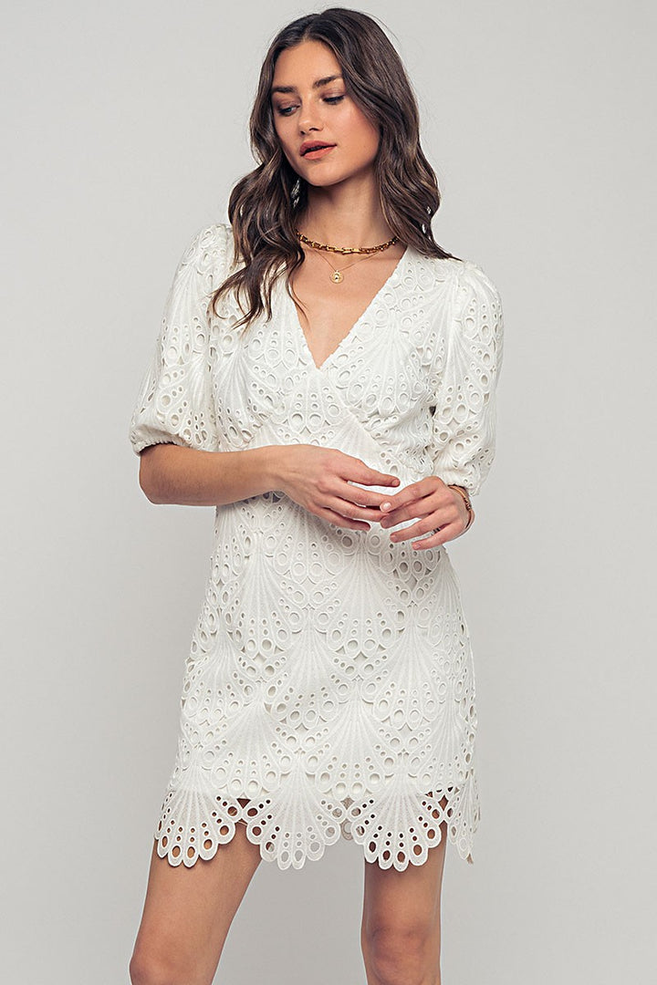Scalloped Lace Eyelet Puff Sleeve Mini Dress in Ivory - Women's Wholesale Cocktail Dresses | Trend Notes