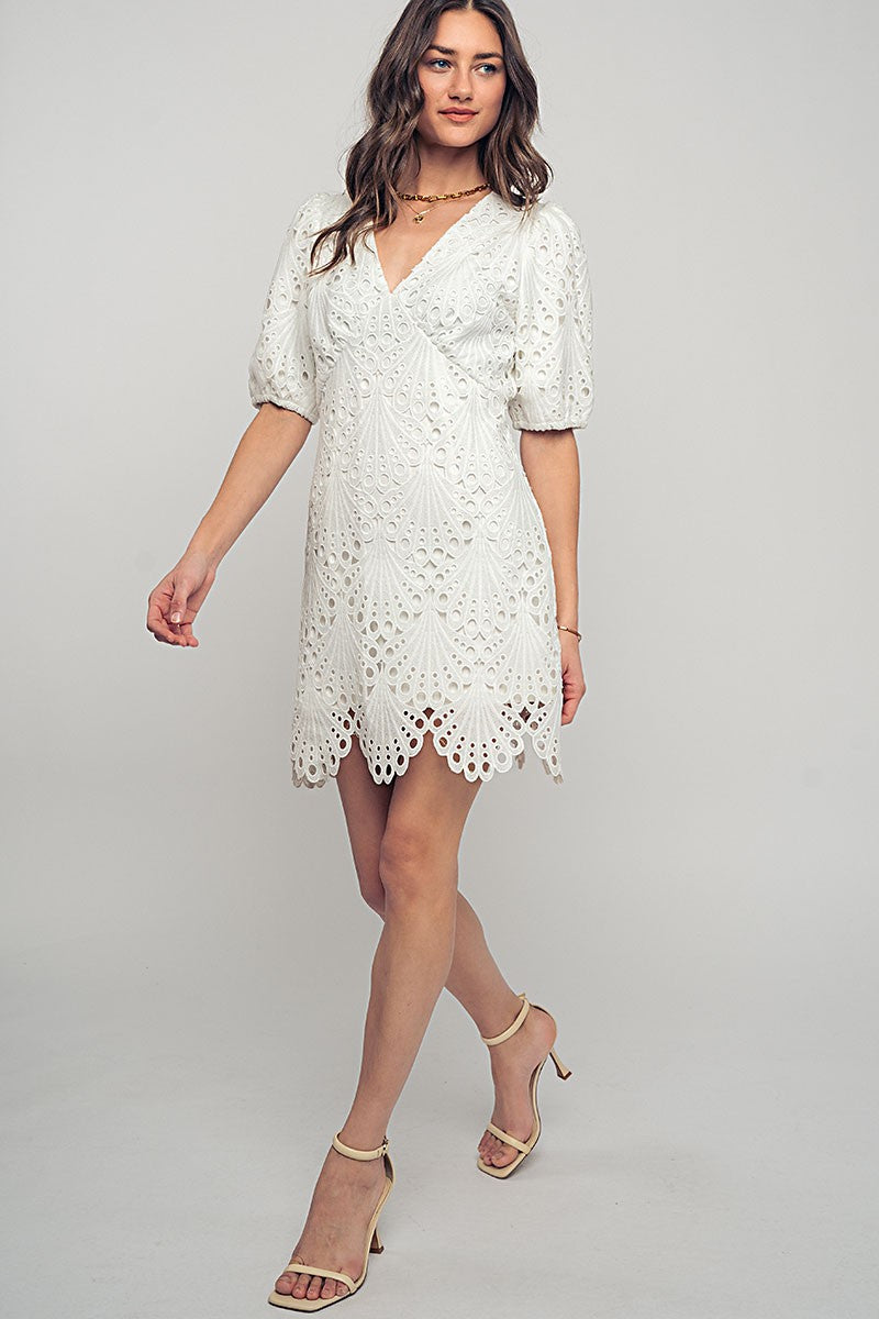 Scalloped Lace Eyelet Puff Sleeve Mini Dress in Ivory - Women's Wholesale Cocktail Dresses | Trend Notes
