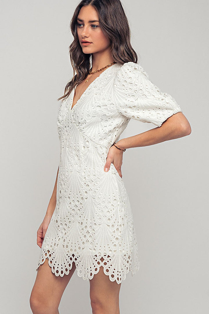 Scalloped Lace Eyelet Puff Sleeve Mini Dress in Ivory - Women's Wholesale Cocktail Dresses | Trend Notes