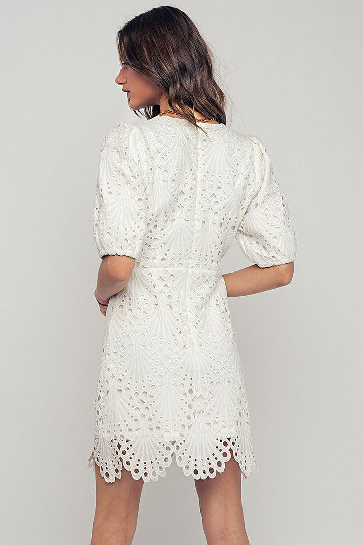 Scalloped Lace Eyelet Puff Sleeve Mini Dress in Ivory - Women's Wholesale Cocktail Dresses | Trend Notes