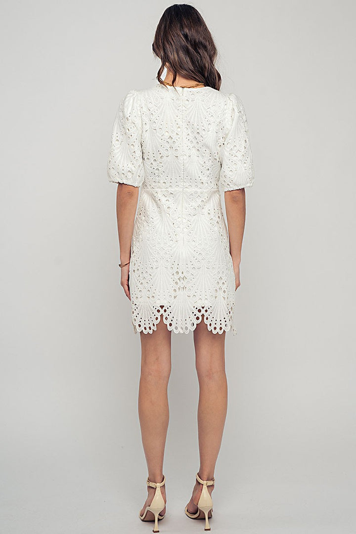 Scalloped Lace Eyelet Puff Sleeve Mini Dress in Ivory - Women's Wholesale Cocktail Dresses | Trend Notes