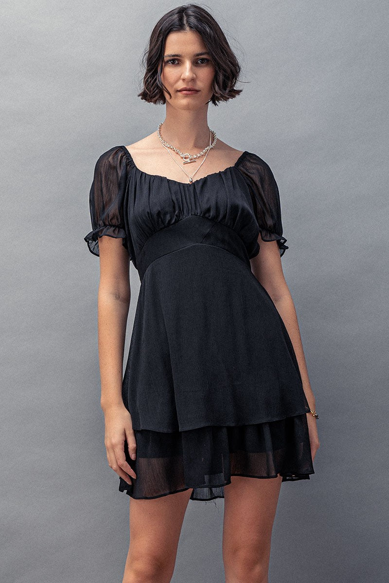 Regency Romance Puff-Sleeve Mini Dress in Black - Women's Wholesale Casual Dresses | Trend Notes