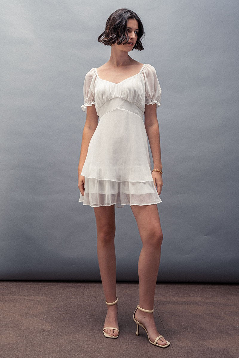 Regency Romance Puff-Sleeve Mini Dress in Off White - Women's Wholesale Casual Dresses | Trend Notes