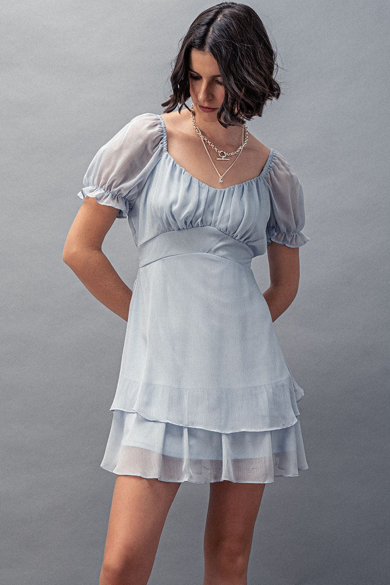 Regency Romance Puff-Sleeve Mini Dress in Sky - Women's Wholesale Casual Dresses | Trend Notes
