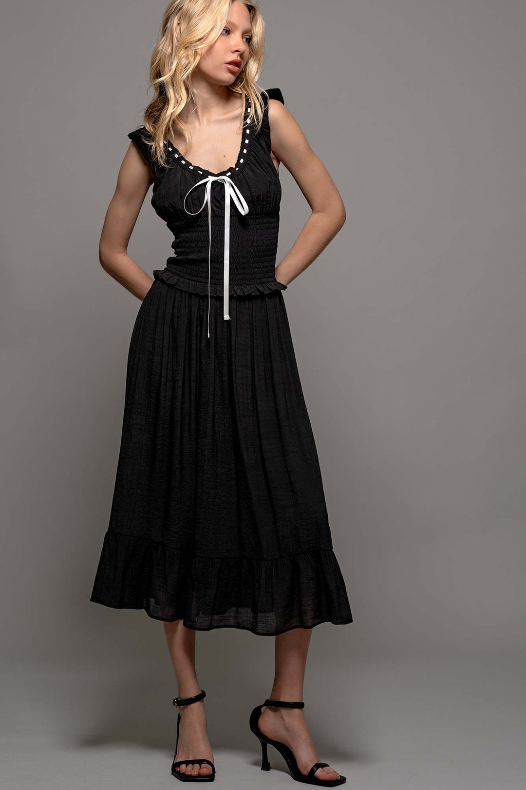 Sweet Contrast White Black Midi Dress in Black - Women's Wholesale Casual Dresses | Trend Notes