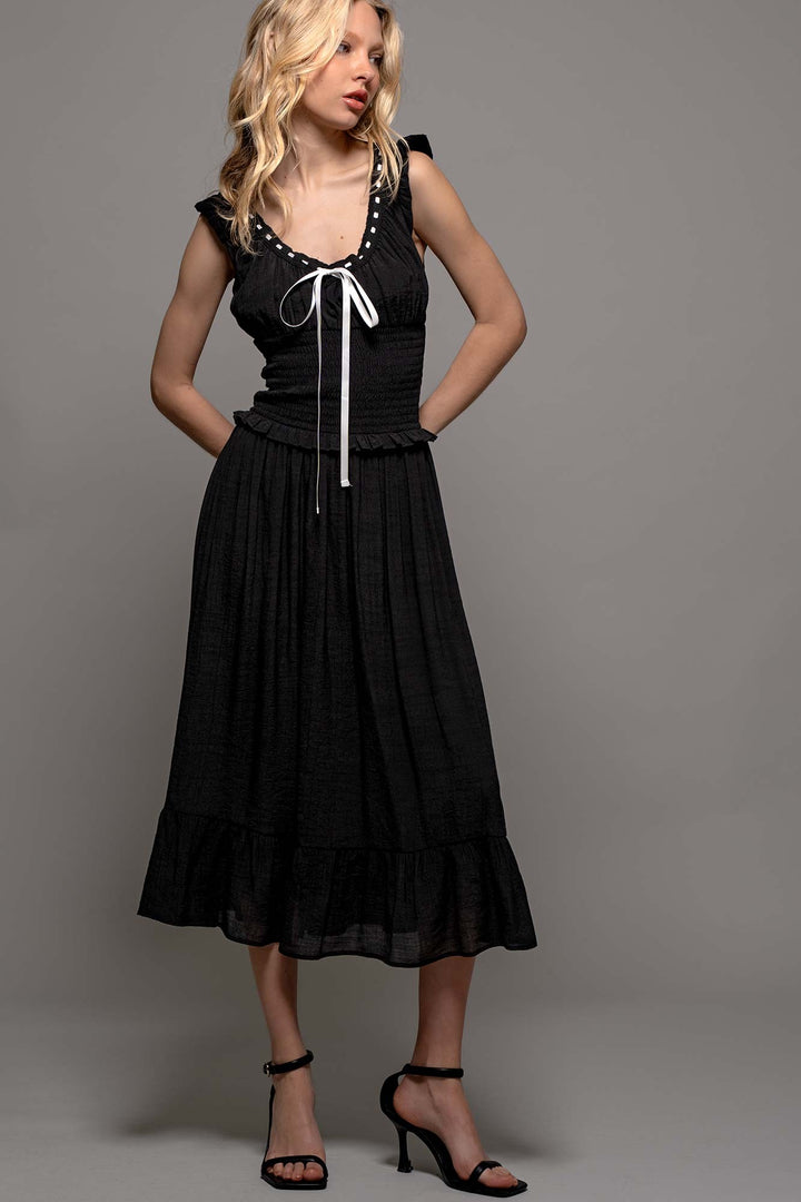 Sweet Contrast White Black Midi Dress in Black - Women's Wholesale Casual Dresses | Trend Notes