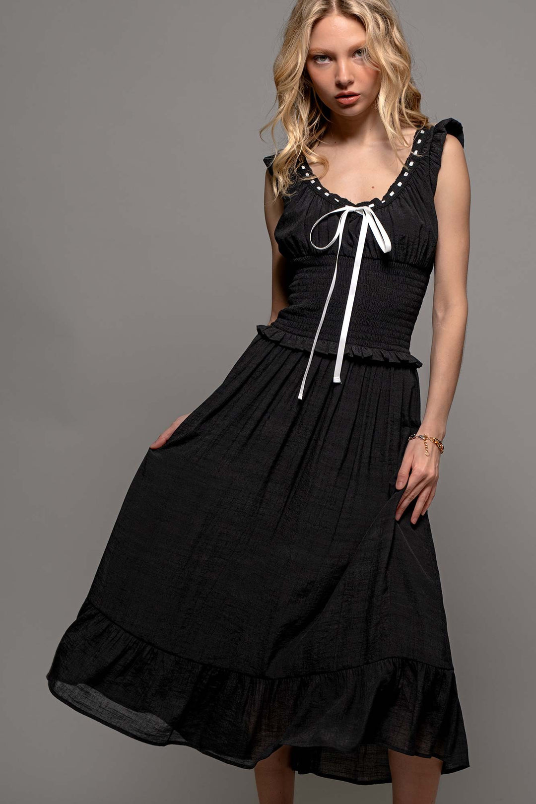 Sweet Contrast White Black Midi Dress in Black - Women's Wholesale Casual Dresses | Trend Notes