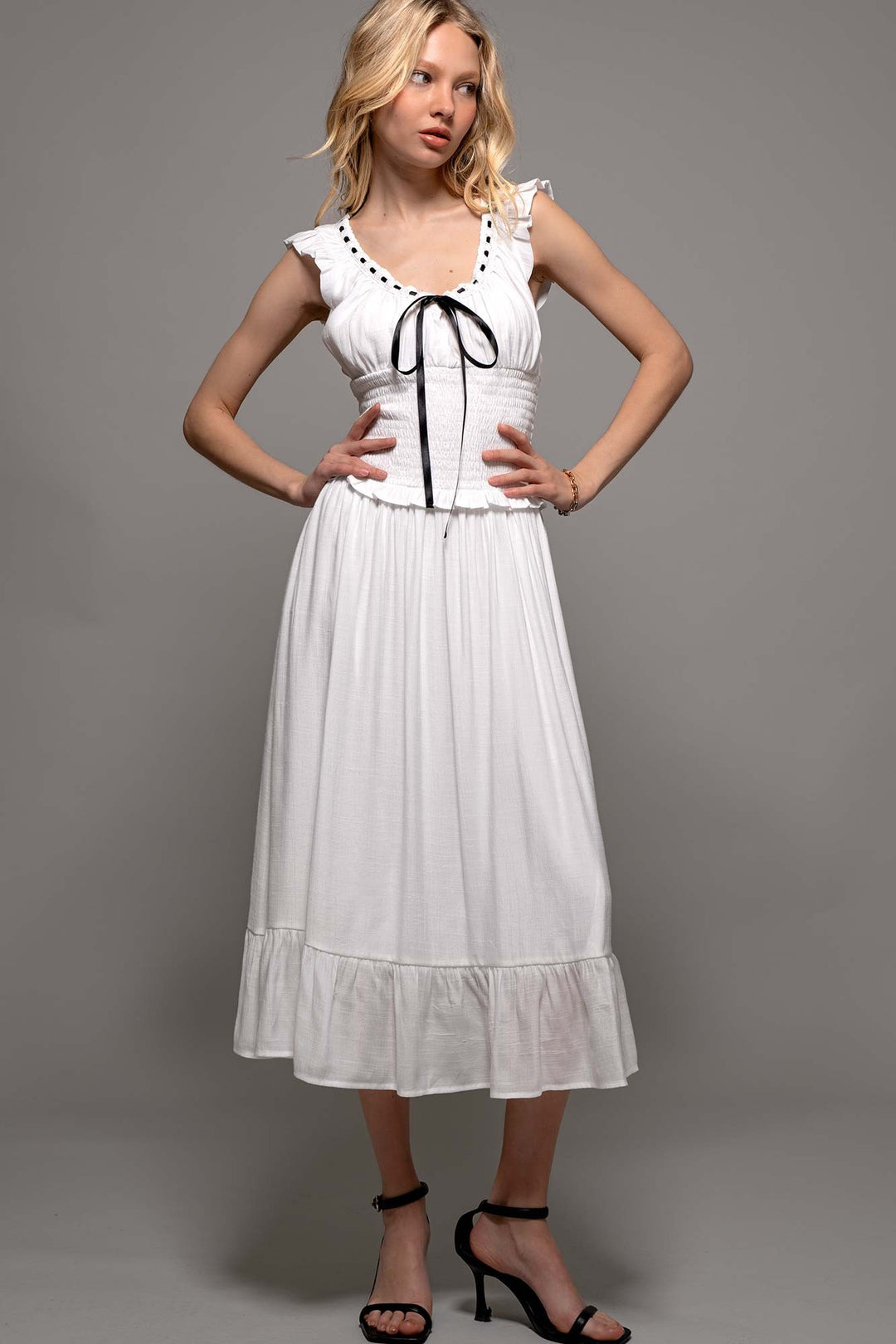 Sweet Contrast White Black Midi Dress in White - Women's Wholesale Casual Dresses | Trend Notes