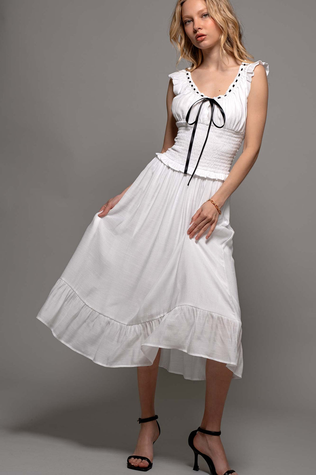Sweet Contrast White Black Midi Dress in White - Women's Wholesale Casual Dresses | Trend Notes