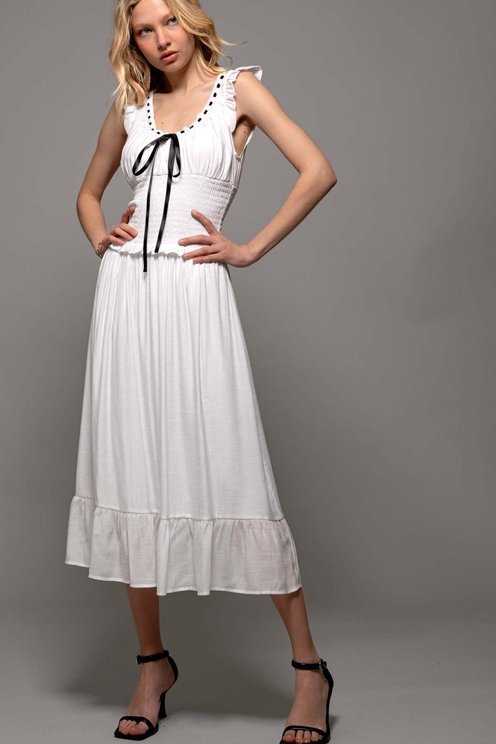 Sweet Contrast White Black Midi Dress in White - Women's Wholesale Casual Dresses | Trend Notes