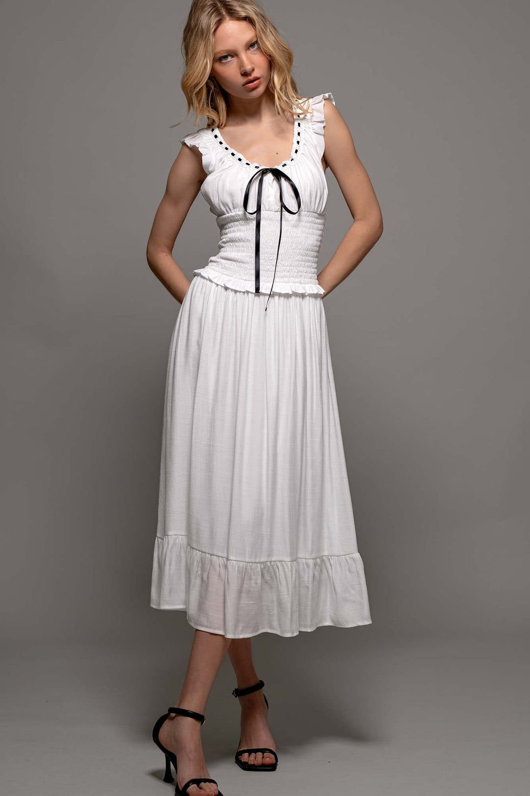 Sweet Contrast White Black Midi Dress in White - Women's Wholesale Casual Dresses | Trend Notes