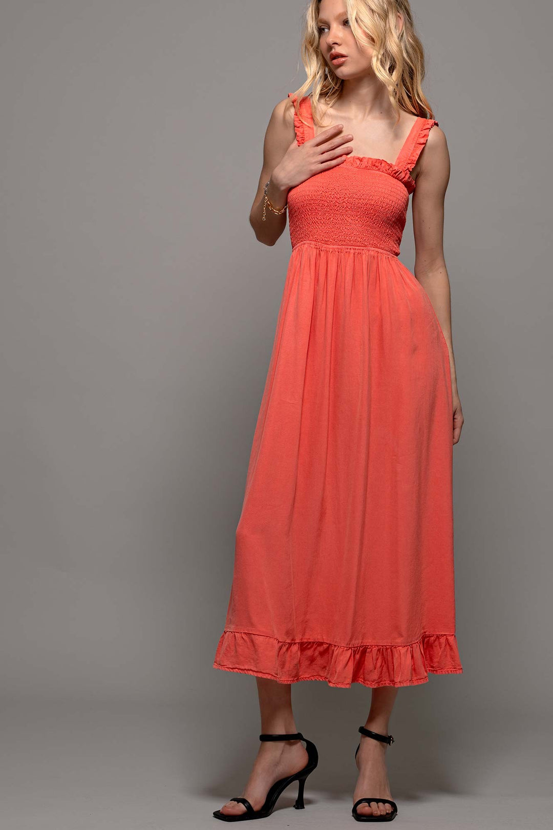 Sweet Summer Smocked Maxi Dress in Sunset Coral - Women's Wholesale Casual Dresses | Trend Notes