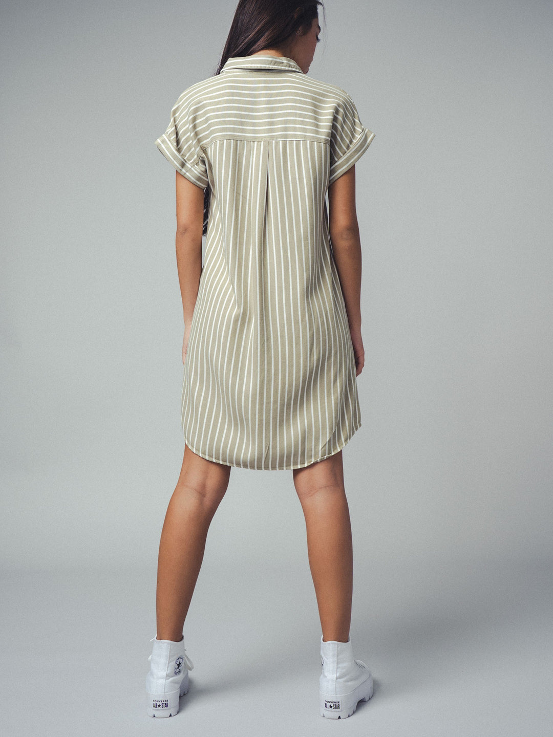 Striped Woven Shirt Mini Dress in Olive - Women's Wholesale Casual Dresses | Trend Notes