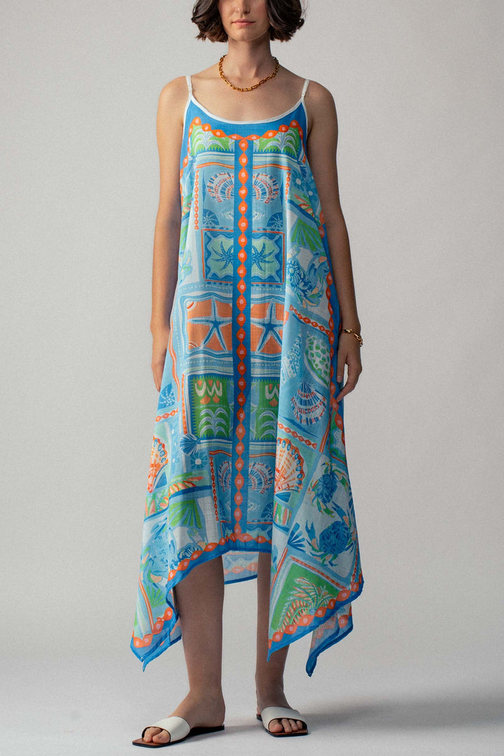 Tropical Handkerchief Hem Beach Dress in Blue - Women's Wholesale Vacation Dresses | Trend Notes