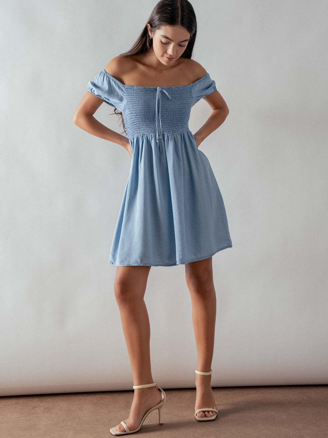 Smocked Off-Shoulder Beach Mini Dress in Lt Blue - Women's Wholesale Casual Dresses | Trend Notes