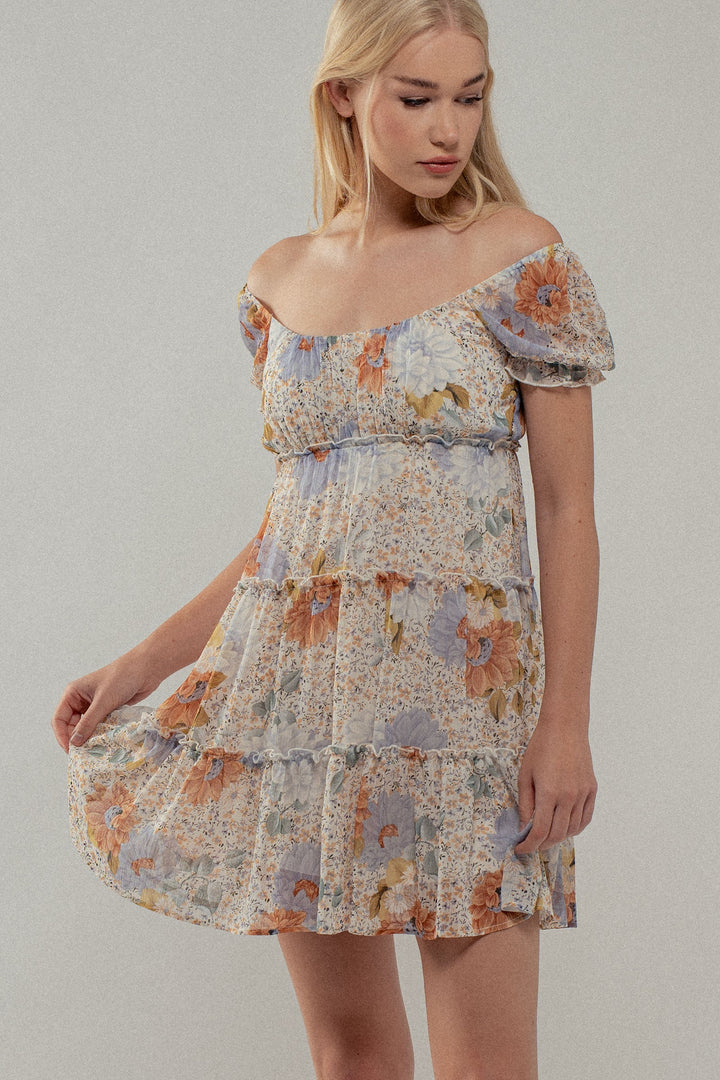 Sunset Bloom Tiered Short Dress in Creamy - Women's Wholesale Casual Dresses | Trend Notes