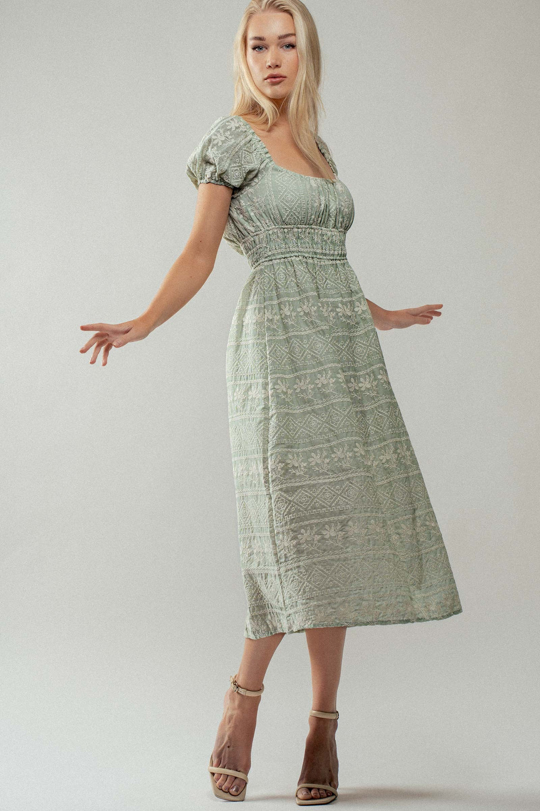 Embroidered Smocked Midi Summer Dress in Sage - Women's Wholesale Casual Dresses | Trend Notes