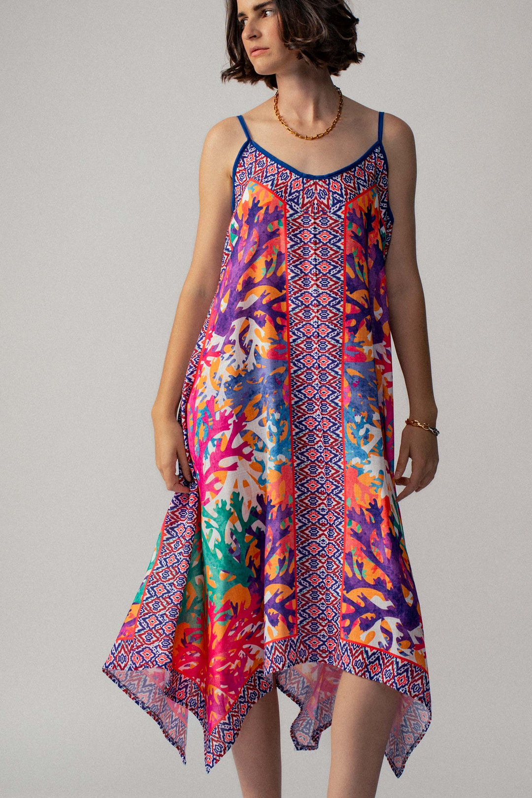 Multicolor Handkerchief Hem Midi Dress in Blue - Women's Wholesale Vacation Dresses | Trend Notes