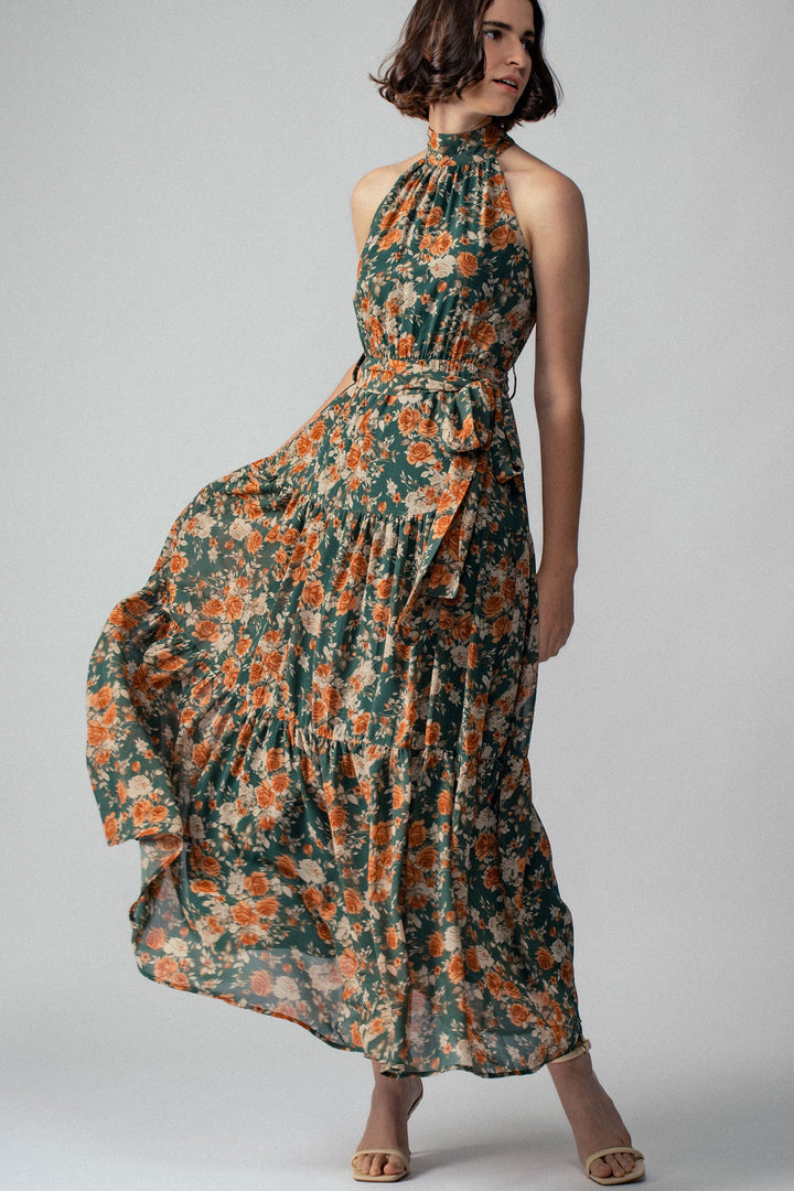 Floral Tiered Halter Neck Maxi Dress with Belt in Green - Women's Wholesale Vacation Dresses | Trend Notes